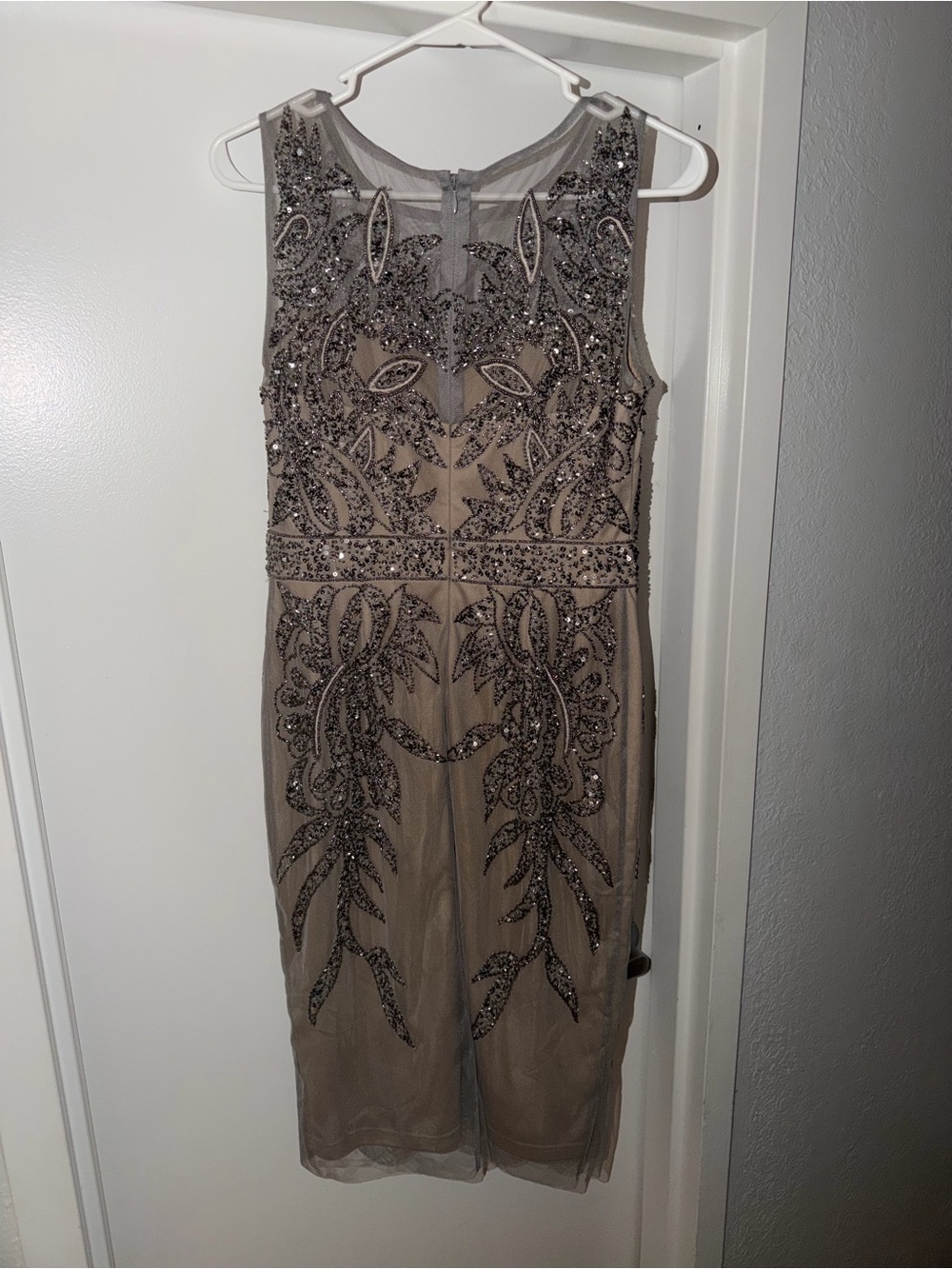 Stunning Adrianna Papell Taupe Beaded Illusion Midi Dress 4